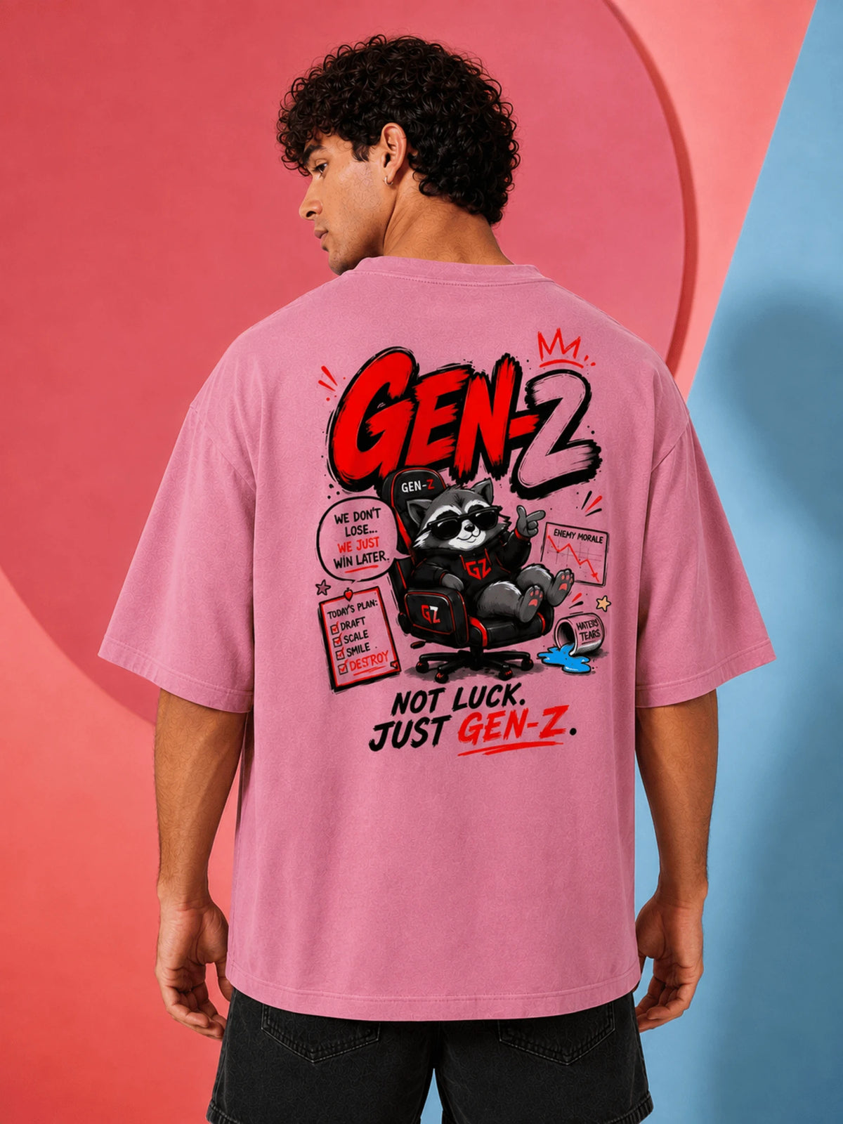 Excello Men's 'Gen-Z Raccoon' Gamer Graphic Oversized T-Shirt | Rose Pink
