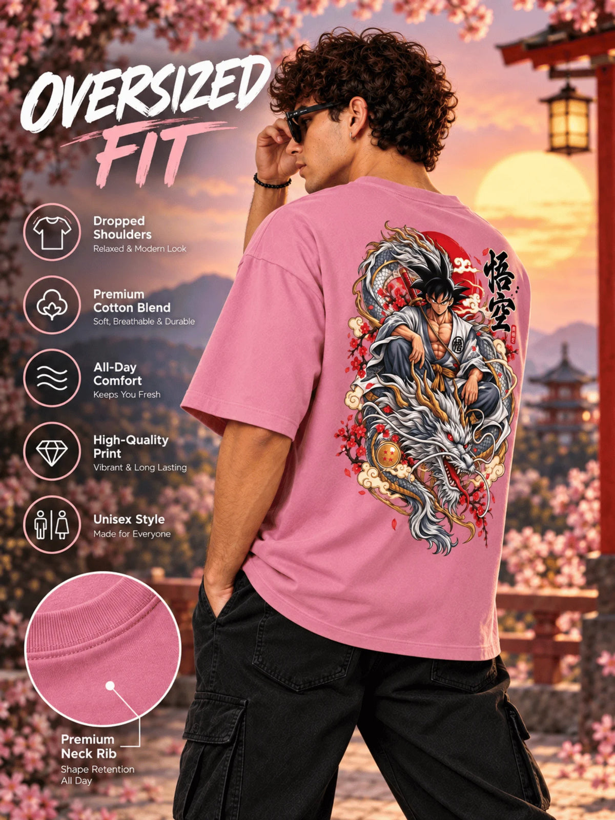Excello Men's  Anime Dragon Graphic Oversized T-Shirt | Rose Pink