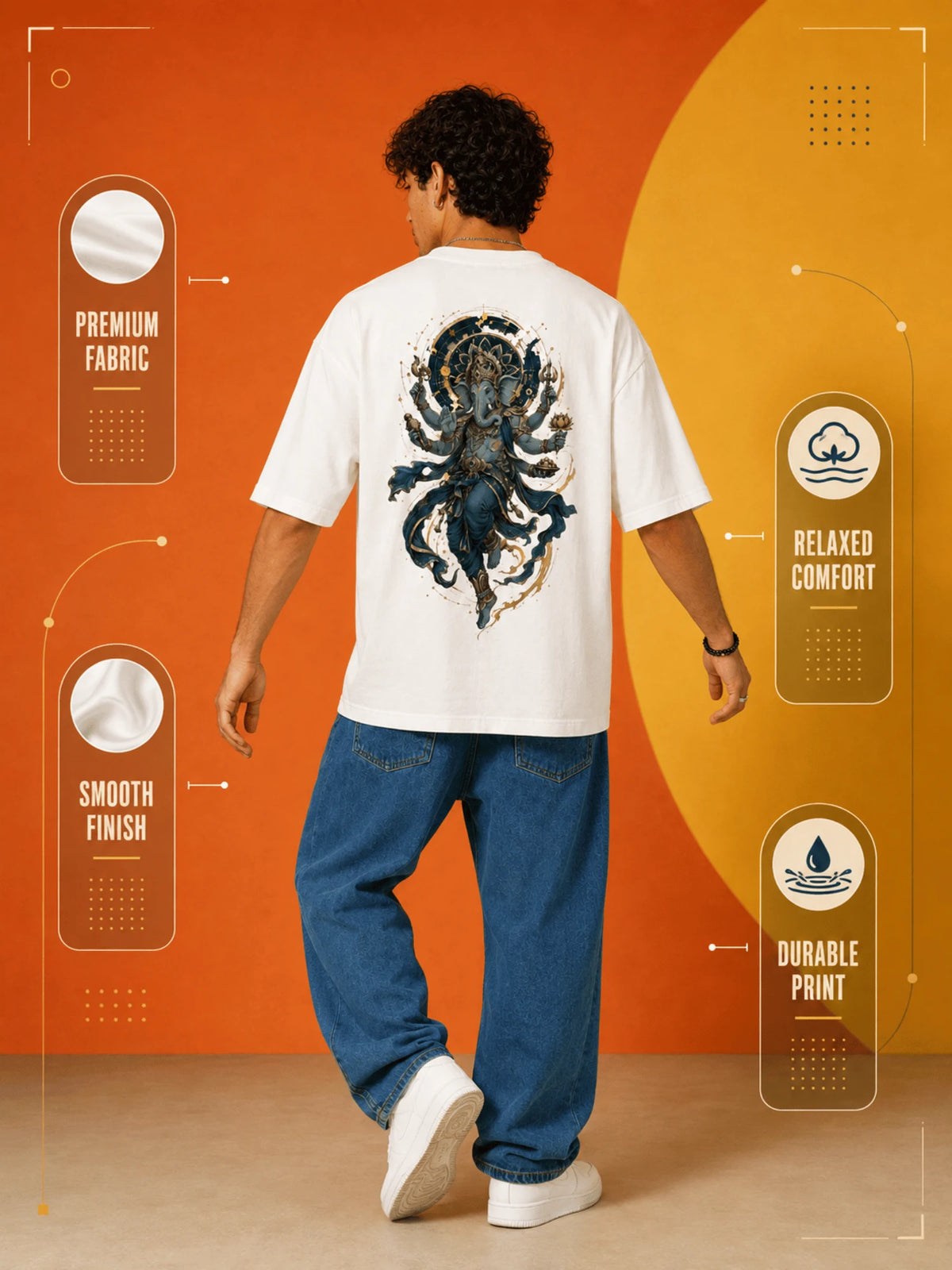 Excello Men's Divine Ganesha Graphic Oversized T-Shirt - 240 GSM Pure Cotton, Bio-Washed-Off White