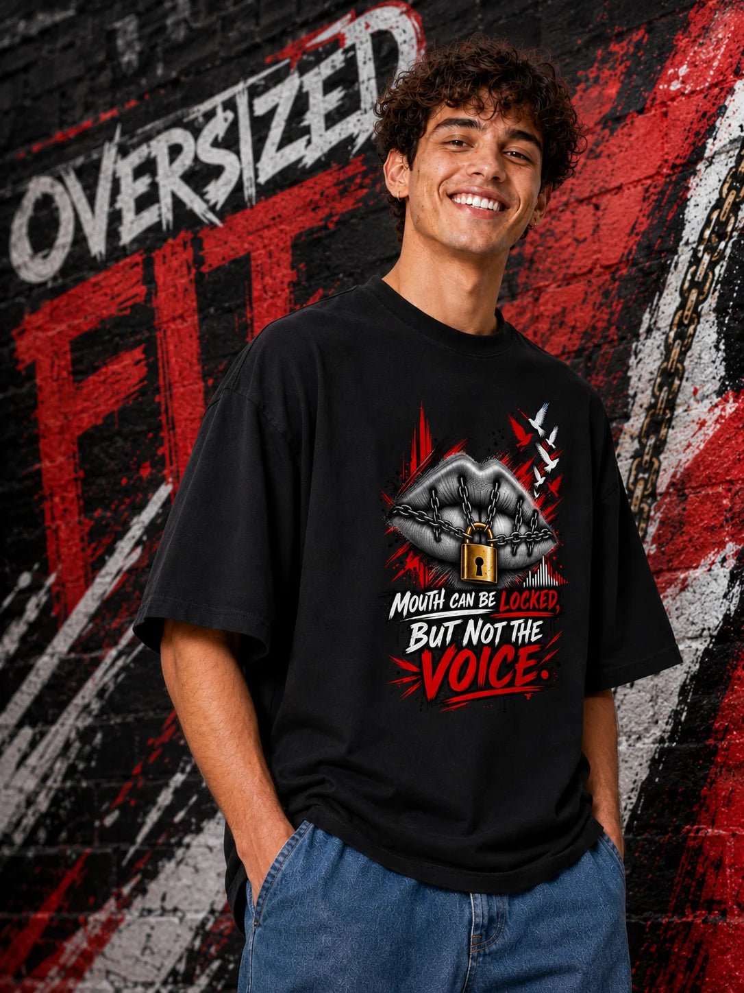 Excello Men's 'Unstoppable Voice' Typography Graphic Oversized T-Shirt | Black