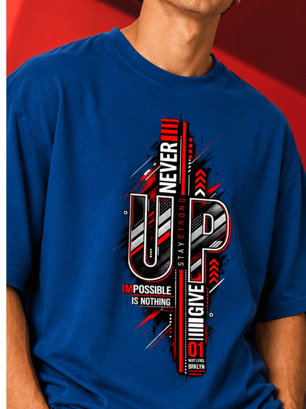 Excello Men's 'Never Give Up' Motivational Graphic Oversized T-Shirt | Air Force Blue