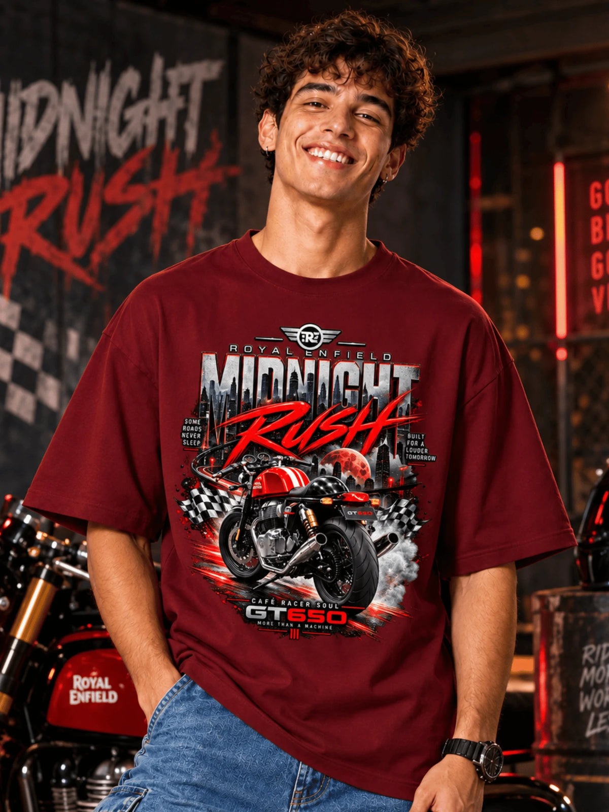 Excello Men's Royal Enfield GT 650 'Midnight Rush' Graphic Oversized T-Shirt | Maroon