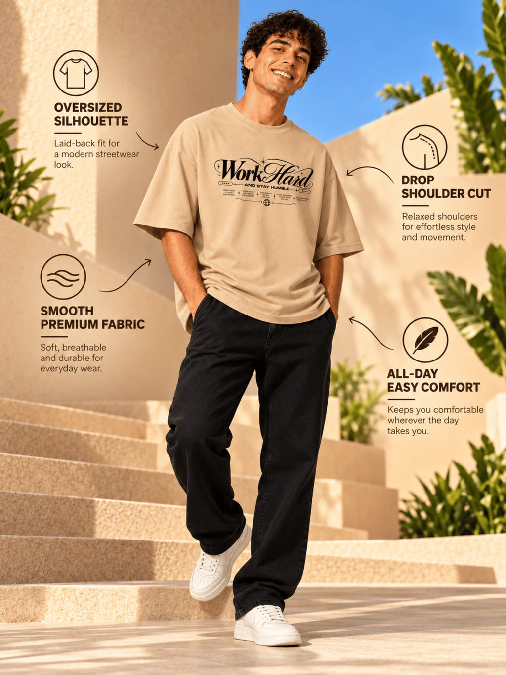 Excello Men's 'Work Hard' Motivational Typography Oversized T-Shirt |  Beige