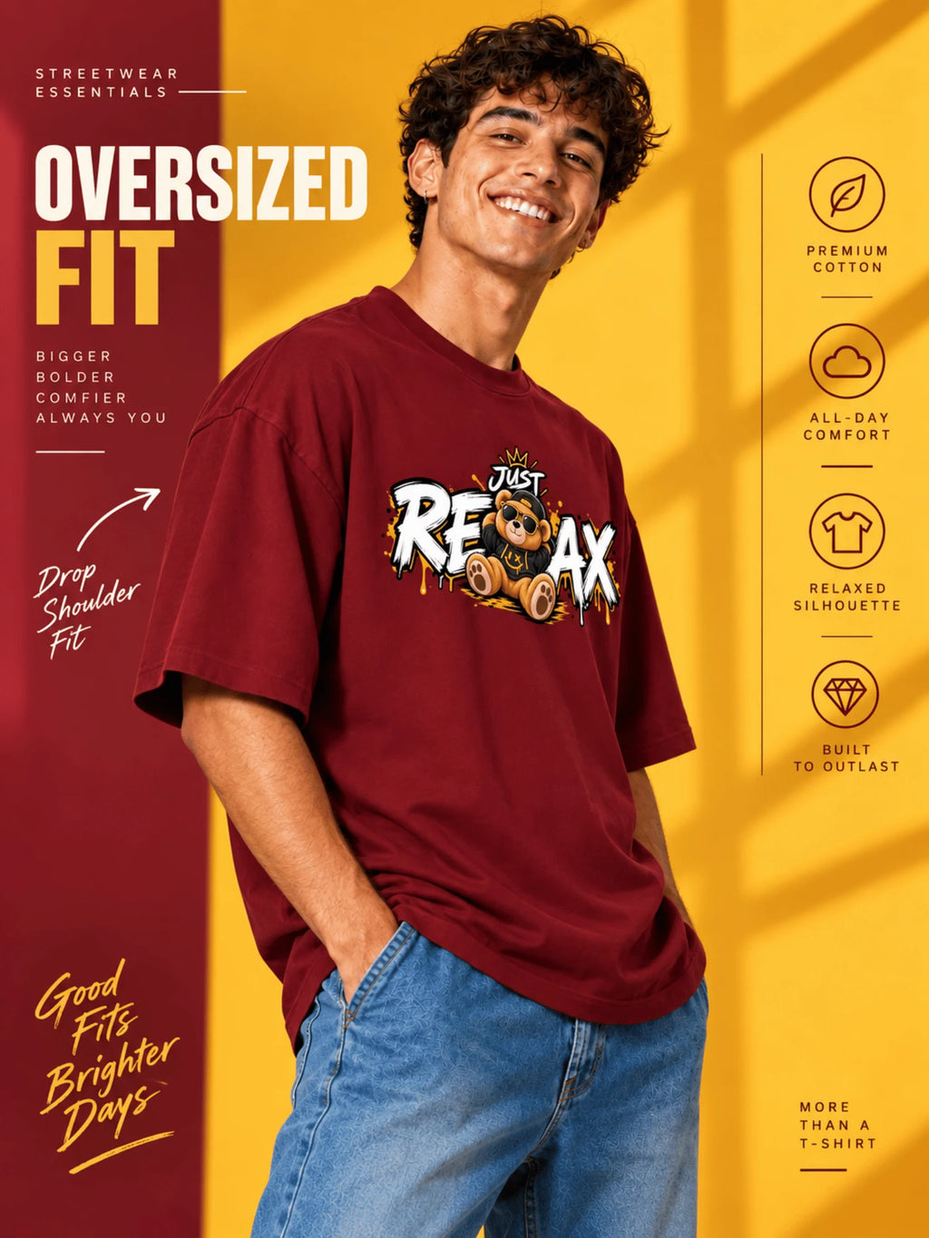 Excello Men's 'Just Relax' Teddy Bear Graphic Oversized T-Shirt | Maroon