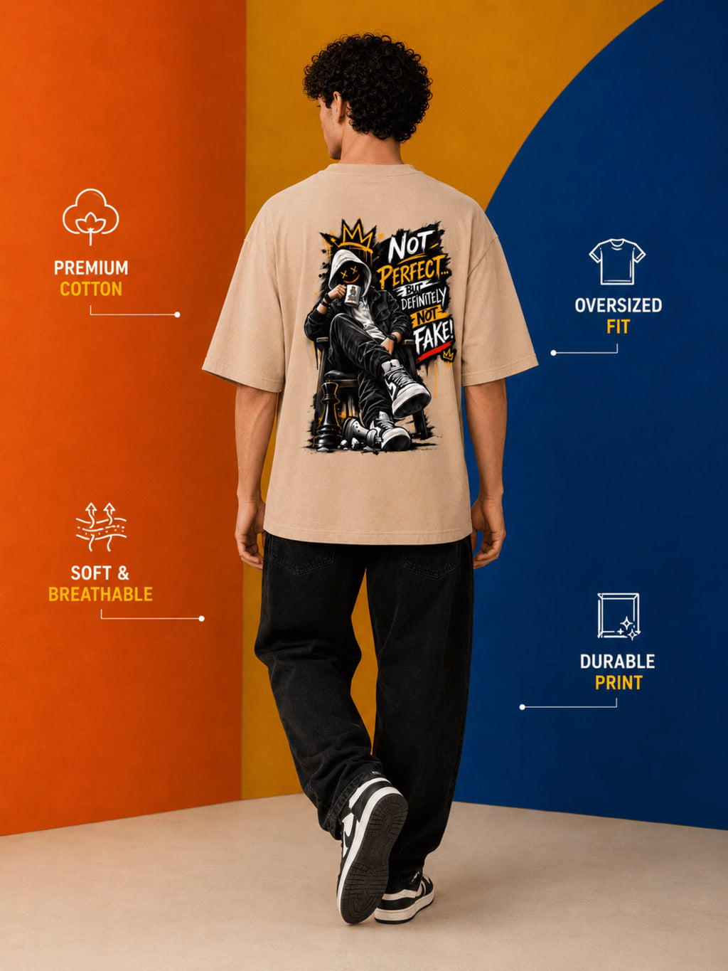 Excello Men's 'Not Perfect Not Fake' Graphic Oversized T-Shirt | Beige