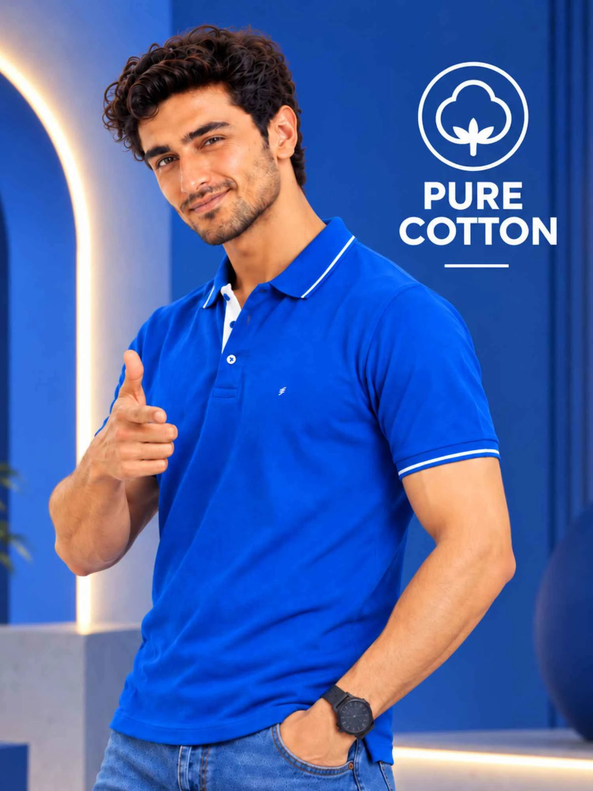 Premium 270 GSM Pure Cotton Biowash Tipping Polo T-Shirt - Heavyweight & Breathable | Royal Blue