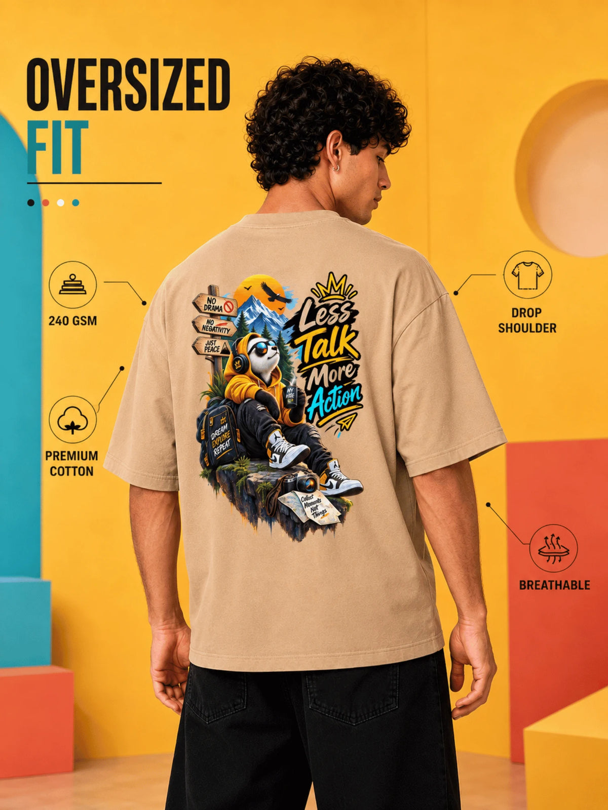 Excello Men's 'Less Talk More Action' Panda Graphic Oversized T-Shirt | Beige
