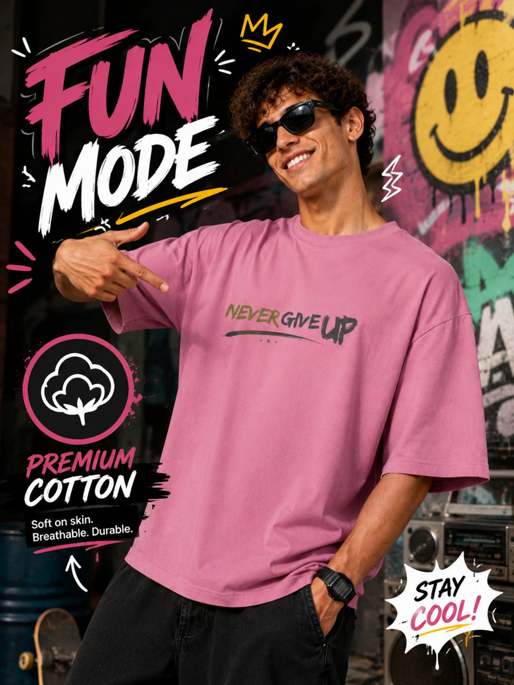 Excello Men's 'Never Give Up' Resilience Graphic Oversized T-Shirt | Rose Pink