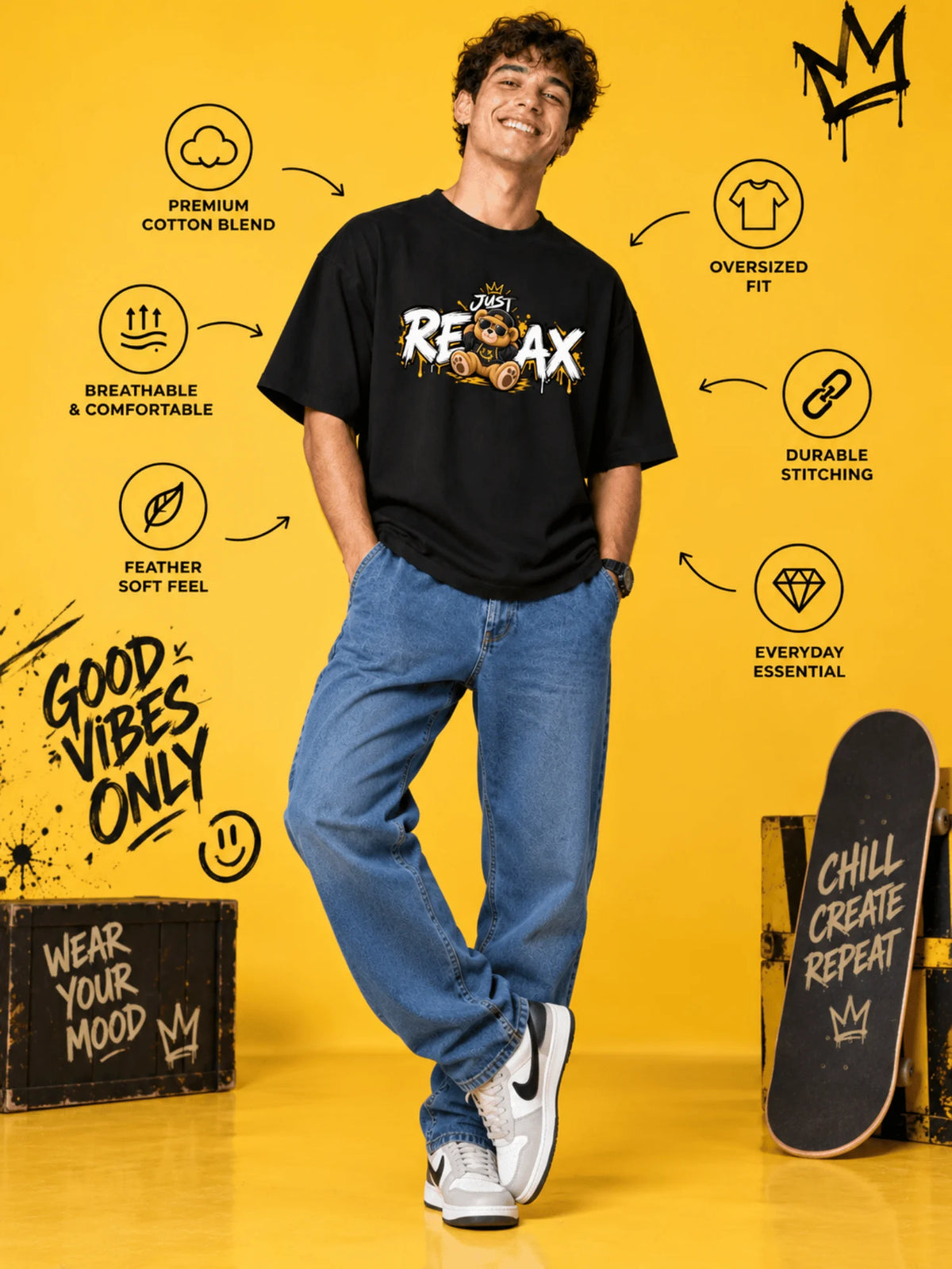 Excello Men's 'Just Relax' Teddy Bear Graphic Oversized T-Shirt | Black