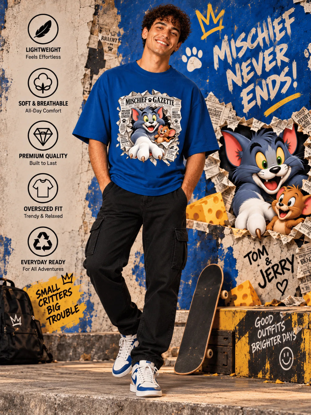 Excello Men's Mischief Gazette Graphic Oversized T-Shirt - Premium Cotton | AirForce Blue
