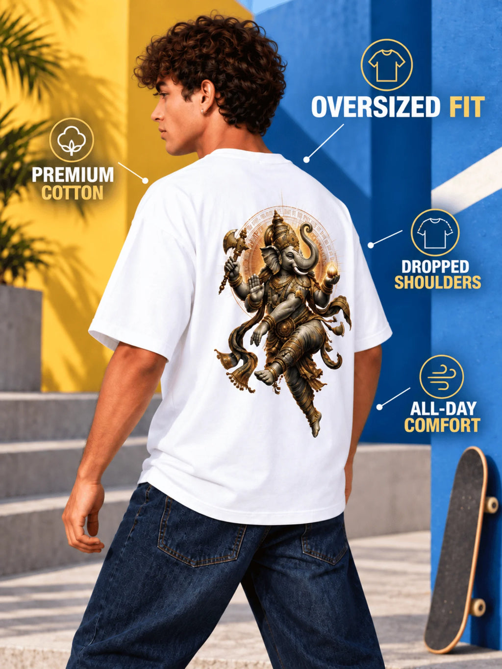 Excello Men's Dynamic Dancing Ganesha Graphic Oversized T-Shirt - 240 GSM Pure Cotton, Bio-Washed | White