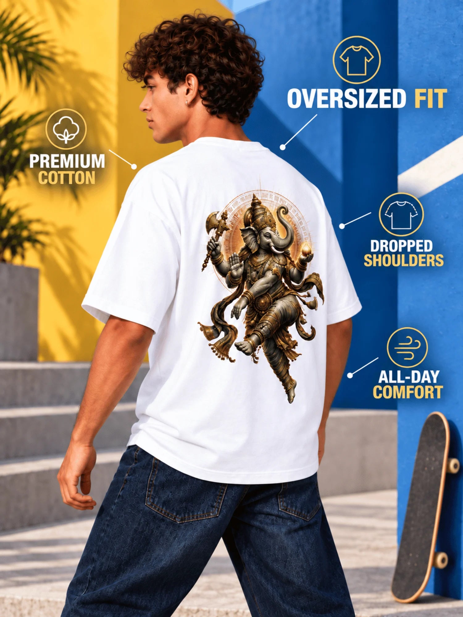 Excello Men's Dynamic Dancing Ganesha Graphic Oversized T-Shirt - 240 GSM Pure Cotton, Bio-Washed | White