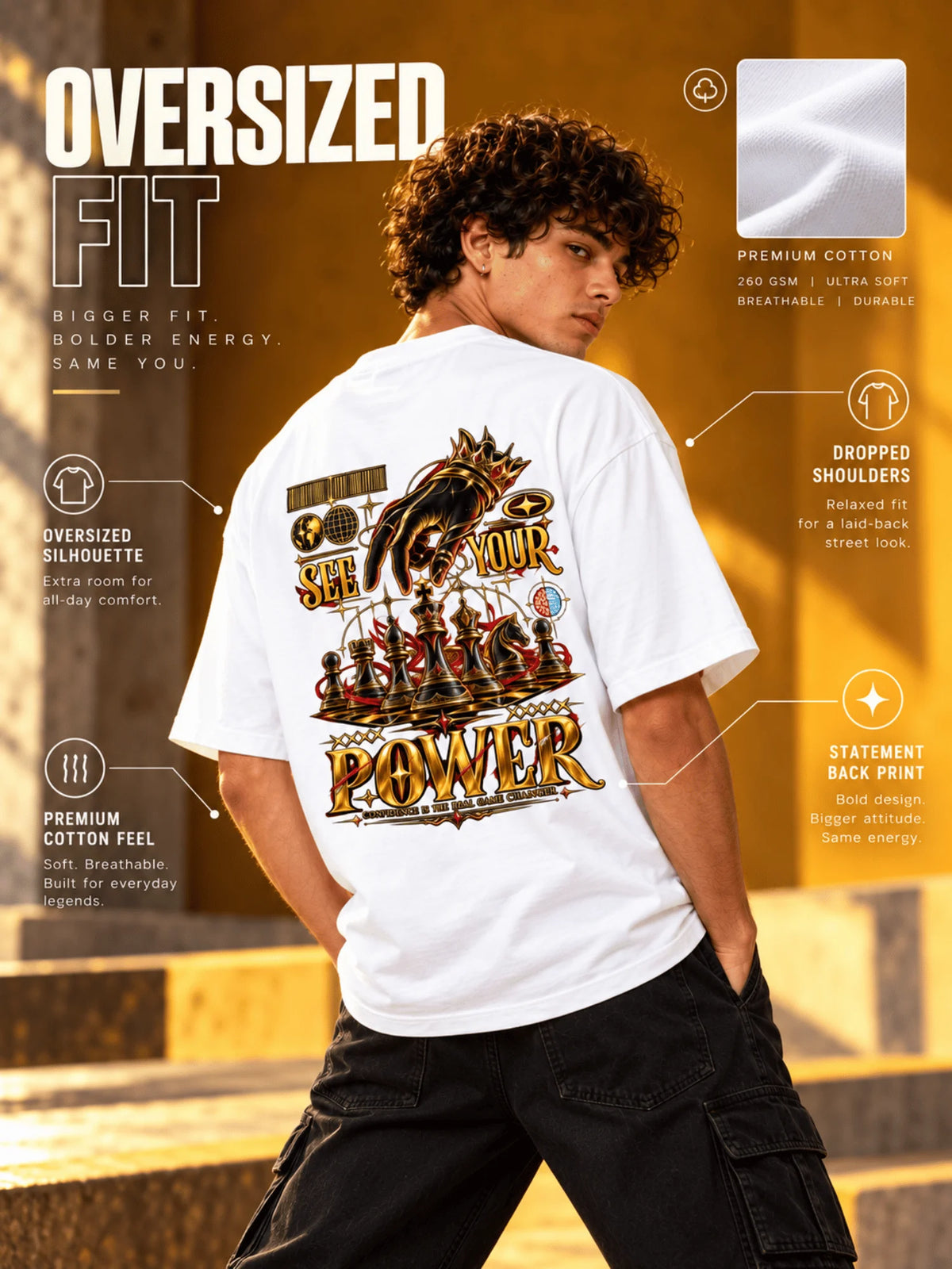 Excello Men's 'See Your Power' Chess Graphic Oversized T-Shirt | White