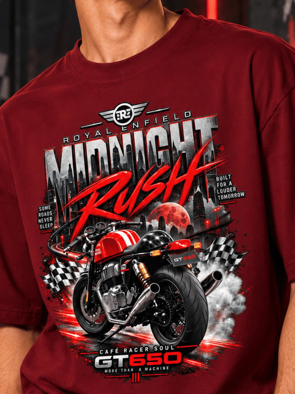 Excello Men's Royal Enfield GT 650 'Midnight Rush' Graphic Oversized T-Shirt | Maroon