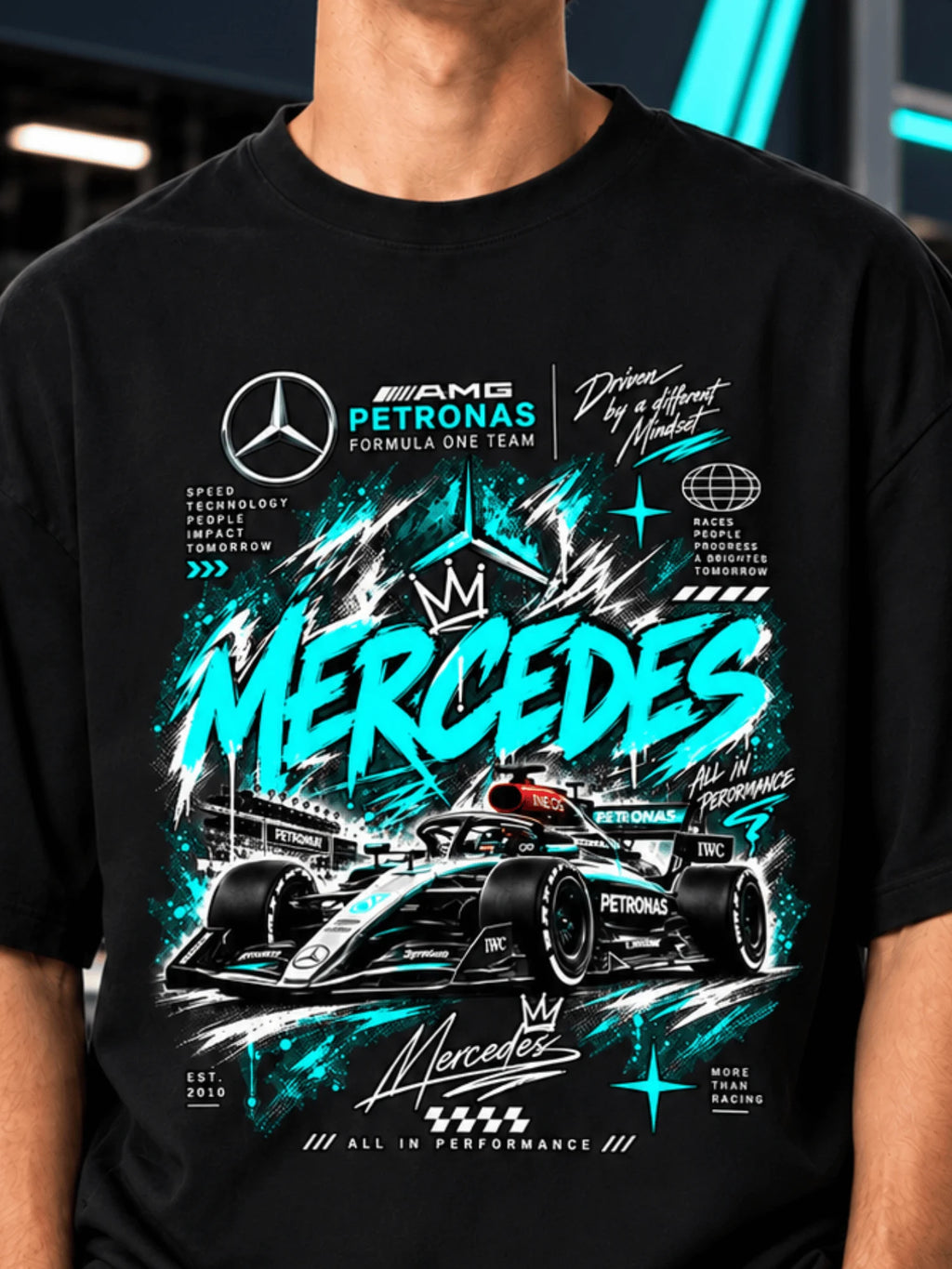 Excello Men's Mercedes-AMG Petronas F1 Graphic Oversized T-Shirt | Black