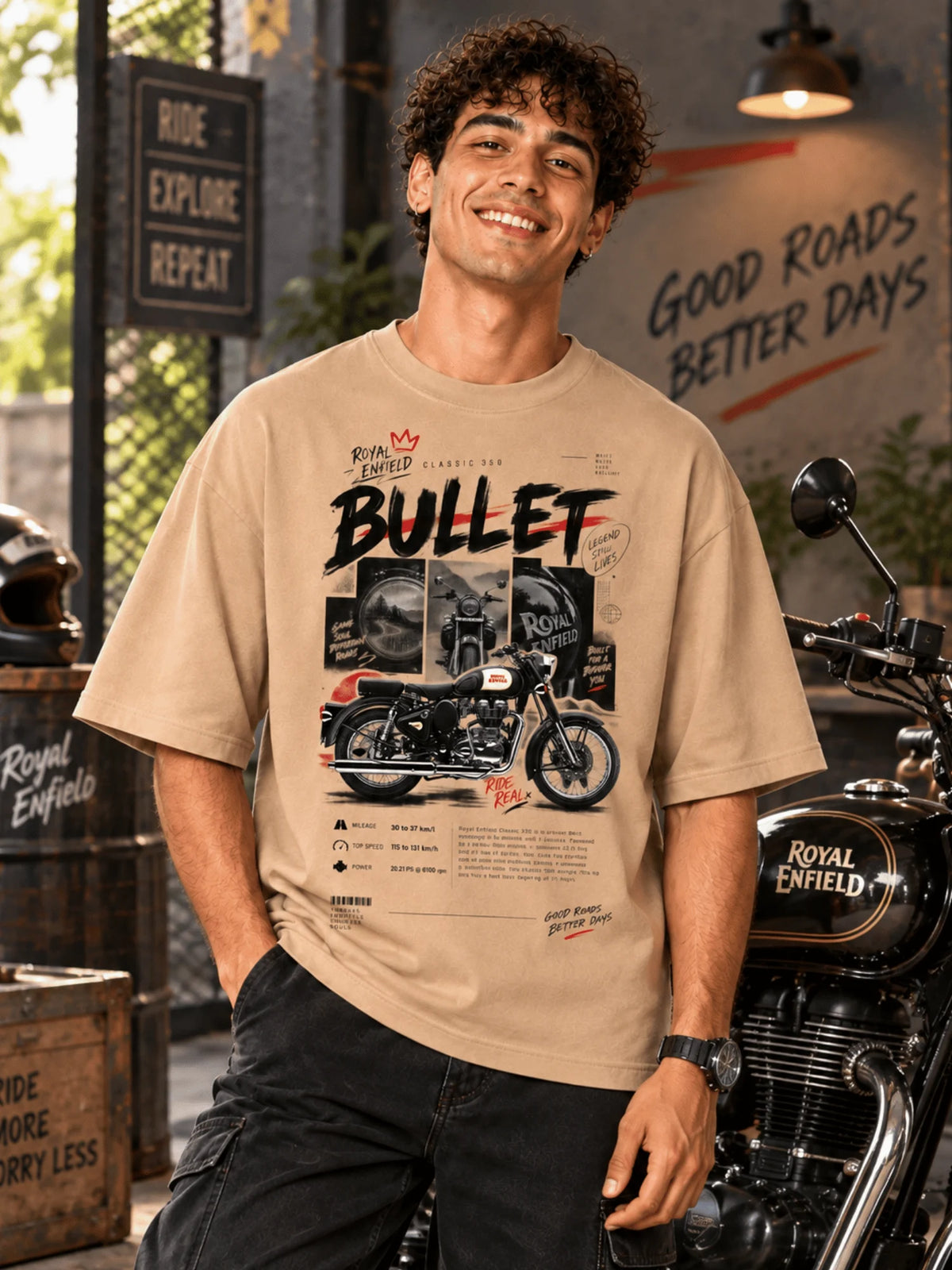 Excello Men's Royal Enfield Bullet 350 Graphic Oversized T-Shirt | Beige