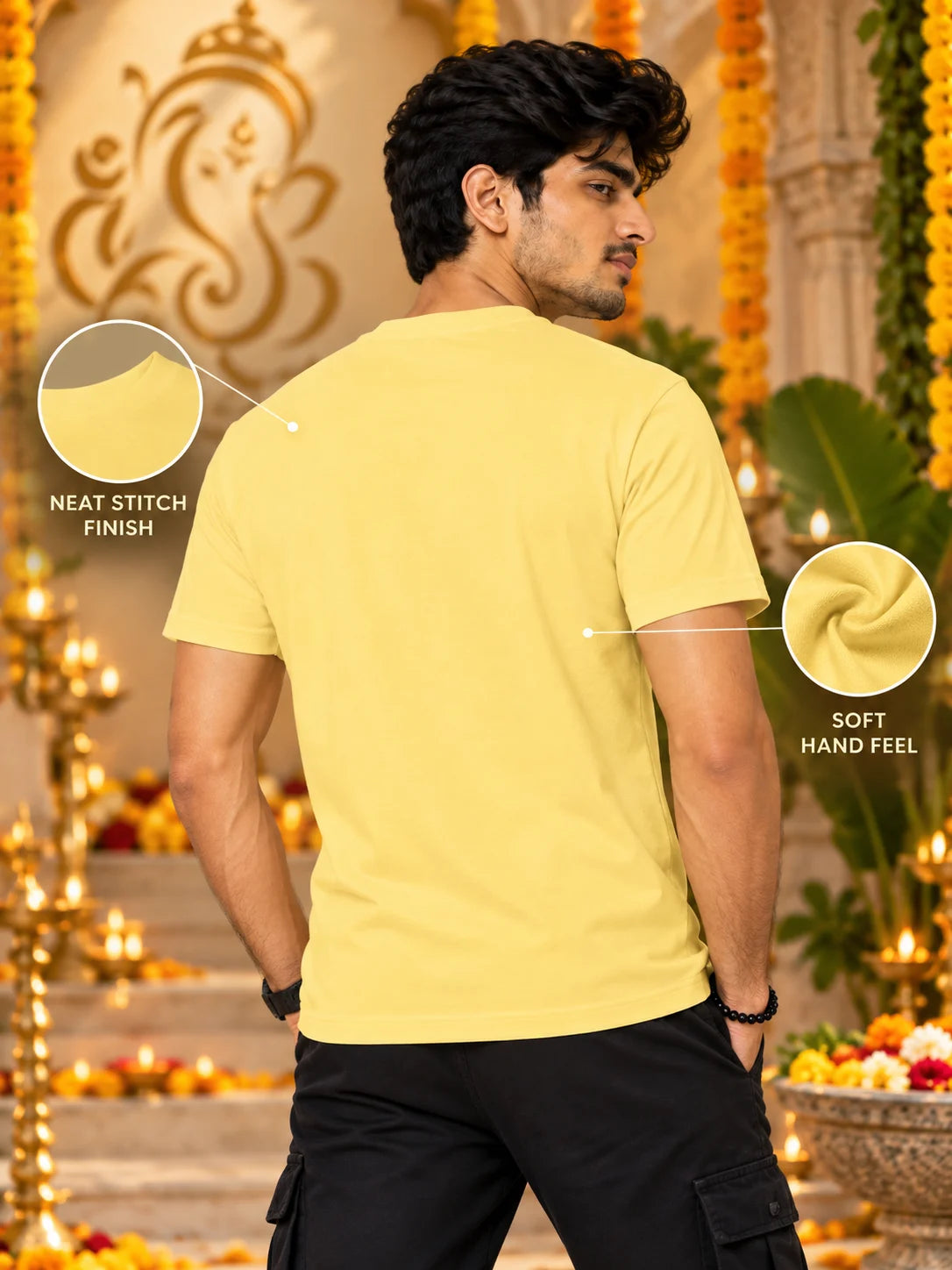 Men's Premium Pure Cotton Ganesha Graphic T-Shirt | 180 GSM Bio-Washed Regular Fit-Pastel Yellow
