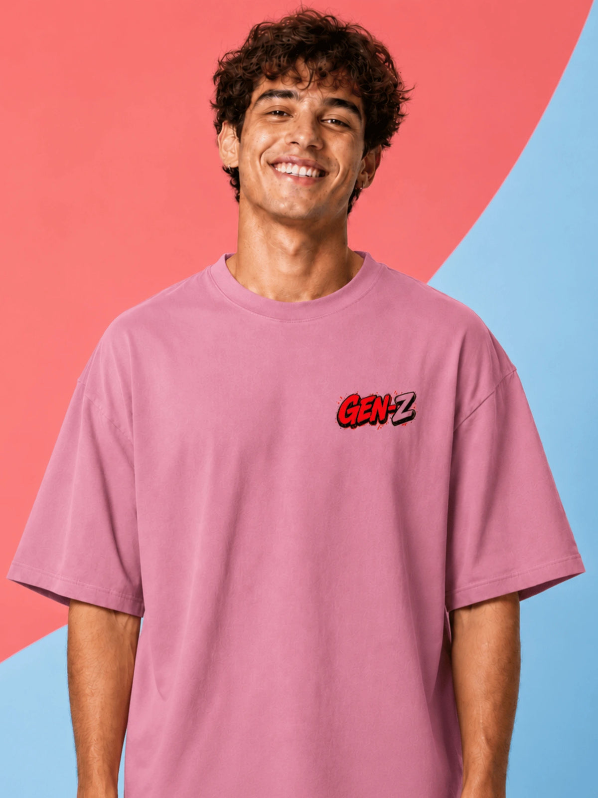 Excello Men's 'Gen-Z Raccoon' Gamer Graphic Oversized T-Shirt | Rose Pink