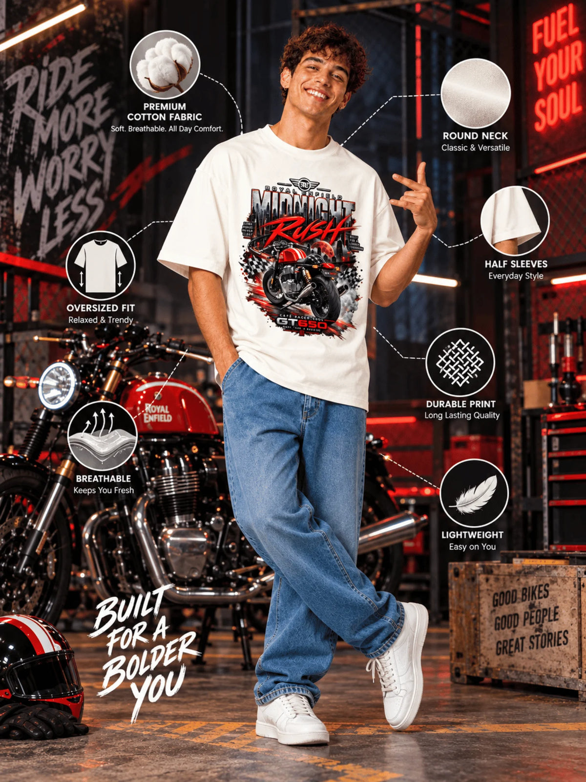 Excello Men's Royal Enfield GT 650 'Midnight Rush' Graphic Oversized T-Shirt | Off White