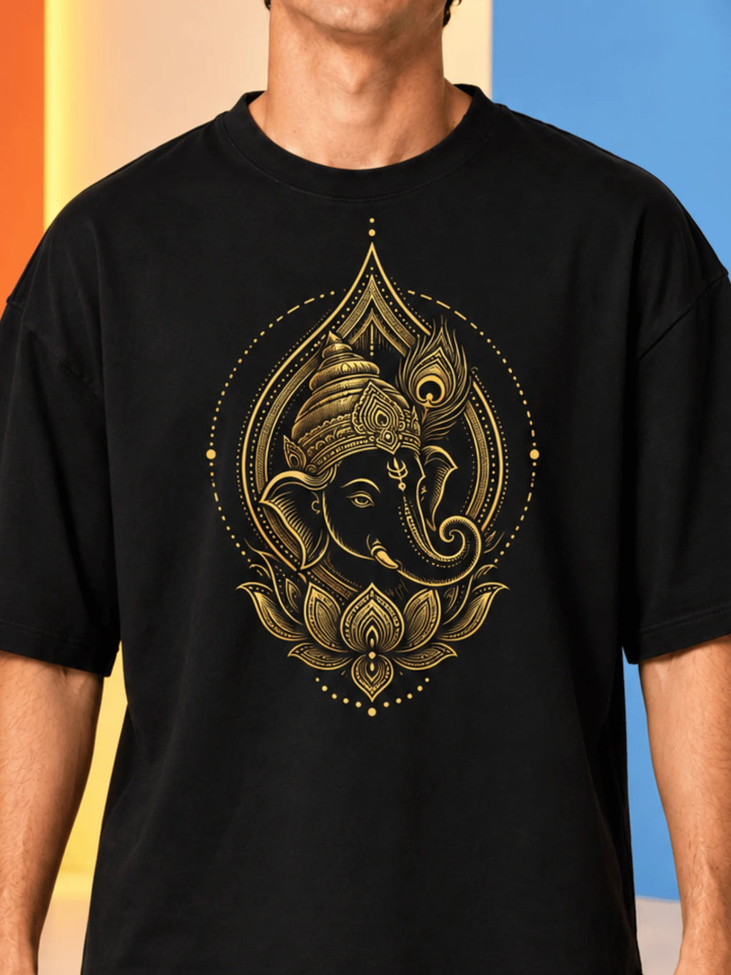 Excello Men's Golden Ganesha Aura Graphic Oversized T-Shirt - 240 GSM Pure Cotton, Bio-Washed | Black