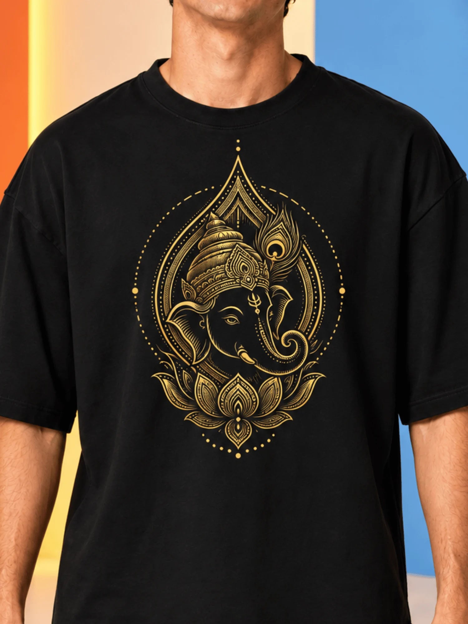 Excello Men's Golden Ganesha Aura Graphic Oversized T-Shirt - 240 GSM Pure Cotton, Bio-Washed | Black
