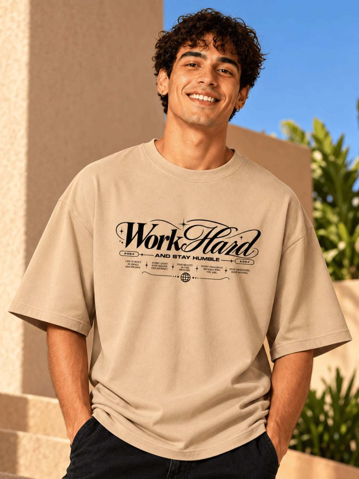 Excello Men's 'Work Hard' Motivational Typography Oversized T-Shirt |  Beige