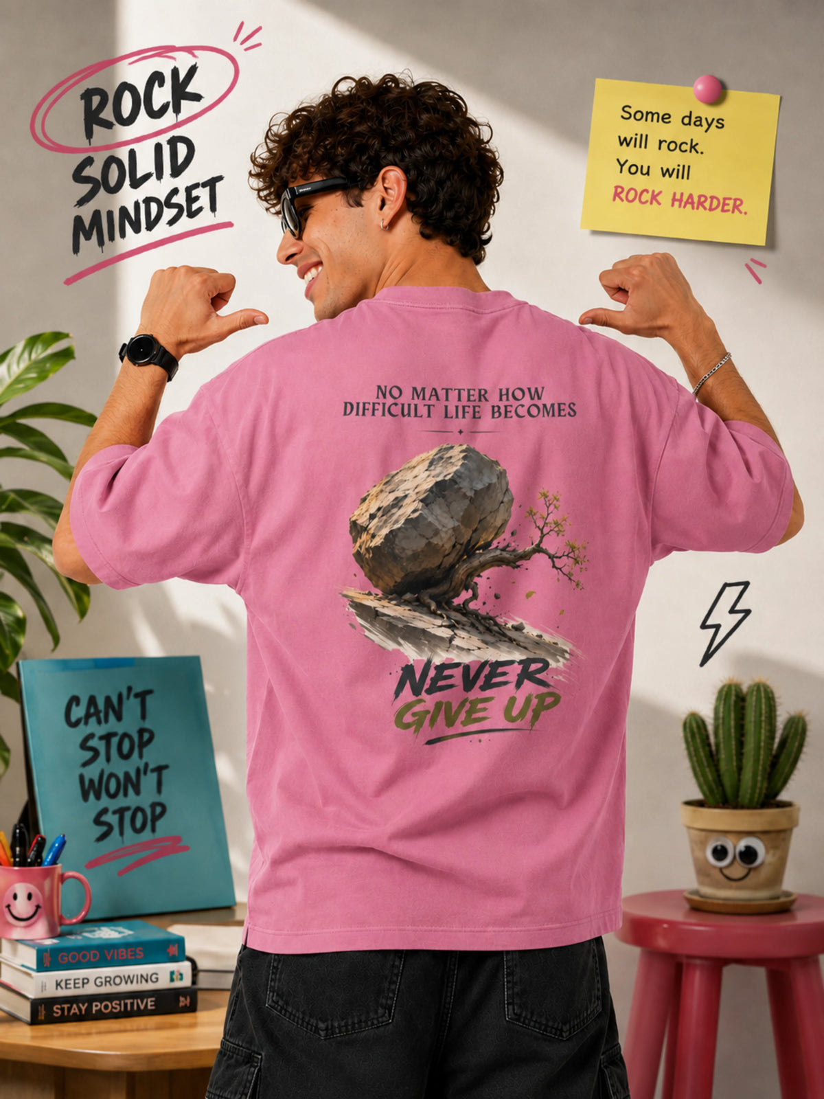 Excello Men's 'Never Give Up' Resilience Graphic Oversized T-Shirt | Rose Pink