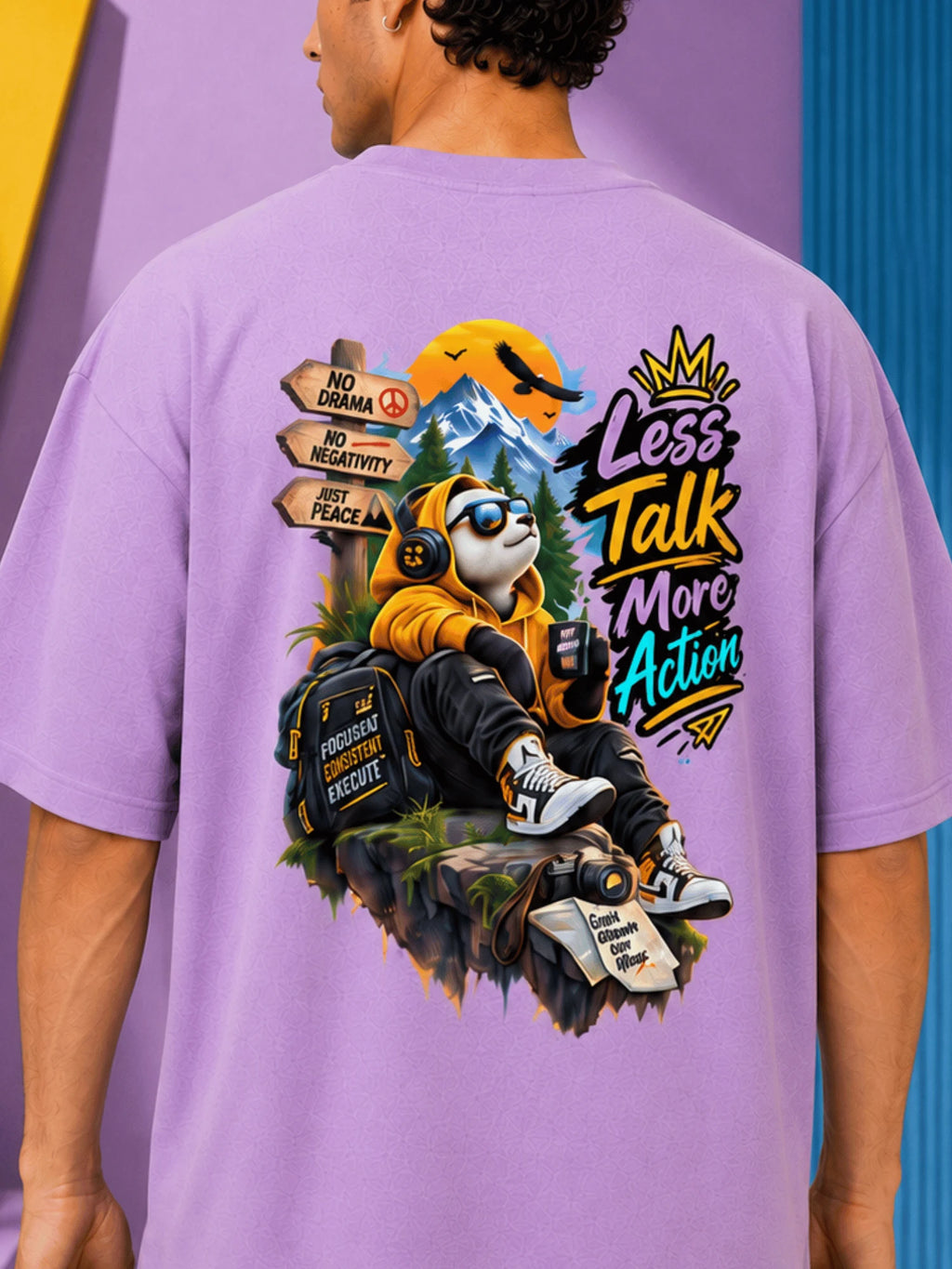 Excello Men's 'Less Talk More Action' Panda Graphic Oversized T-Shirt | Lavender