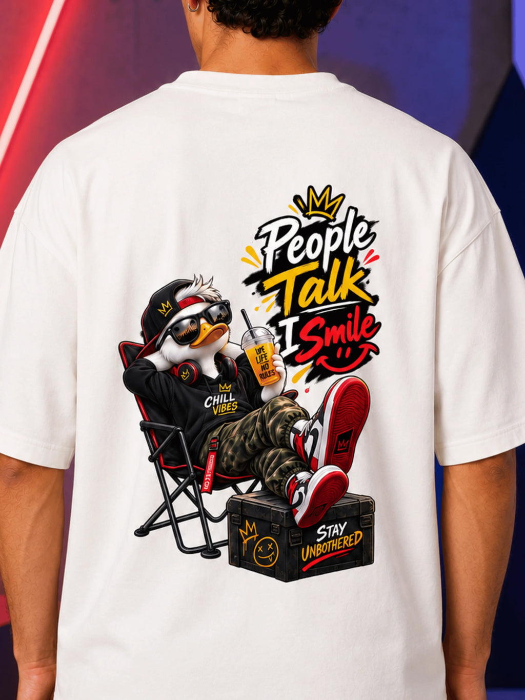 Excello Men's 'People Talk I Smile' Chill Duck Graphic Oversized T-Shirt | Off White