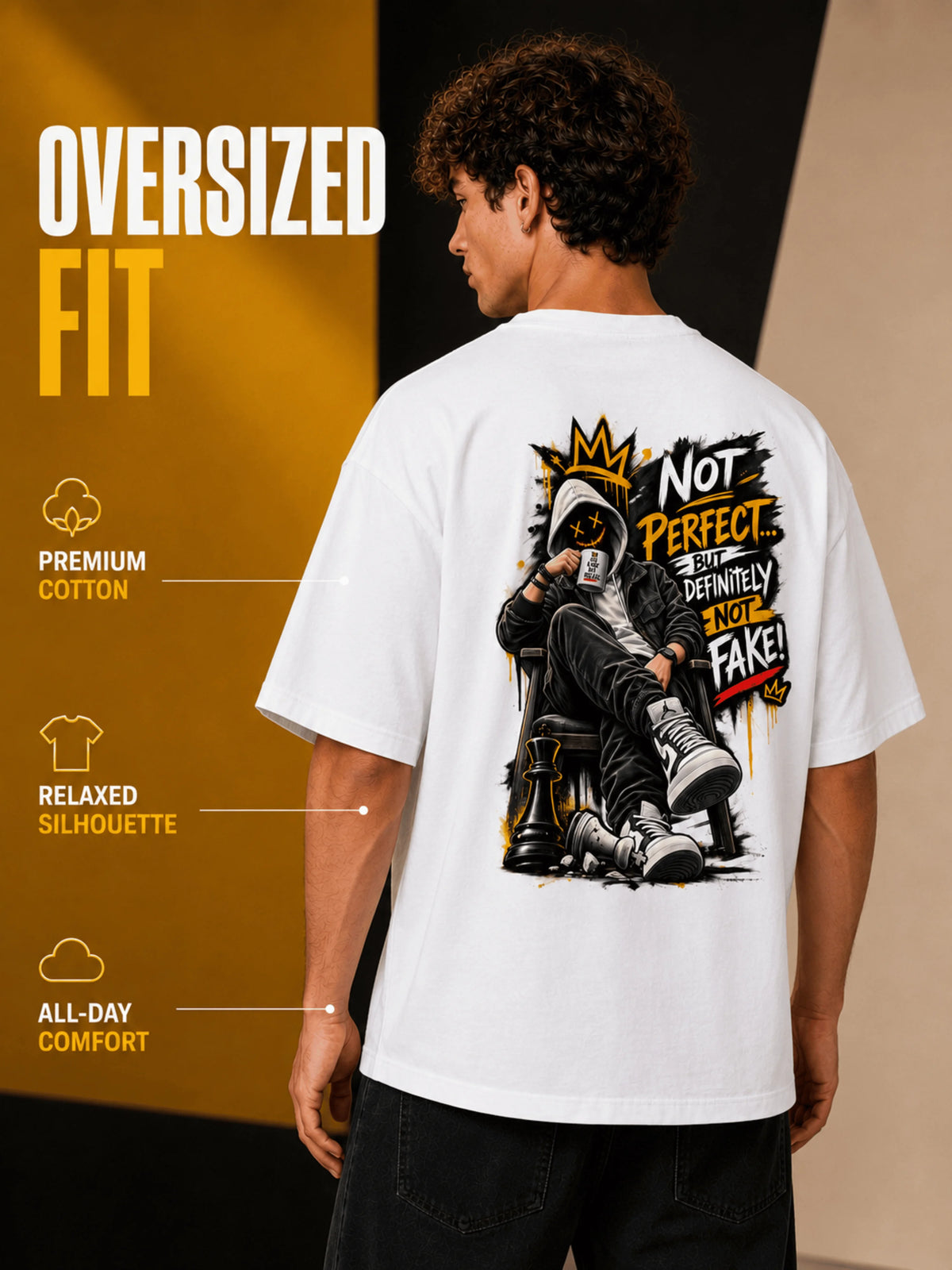 Excello Men's 'Not Perfect Not Fake' Graphic Oversized T-Shirt | White