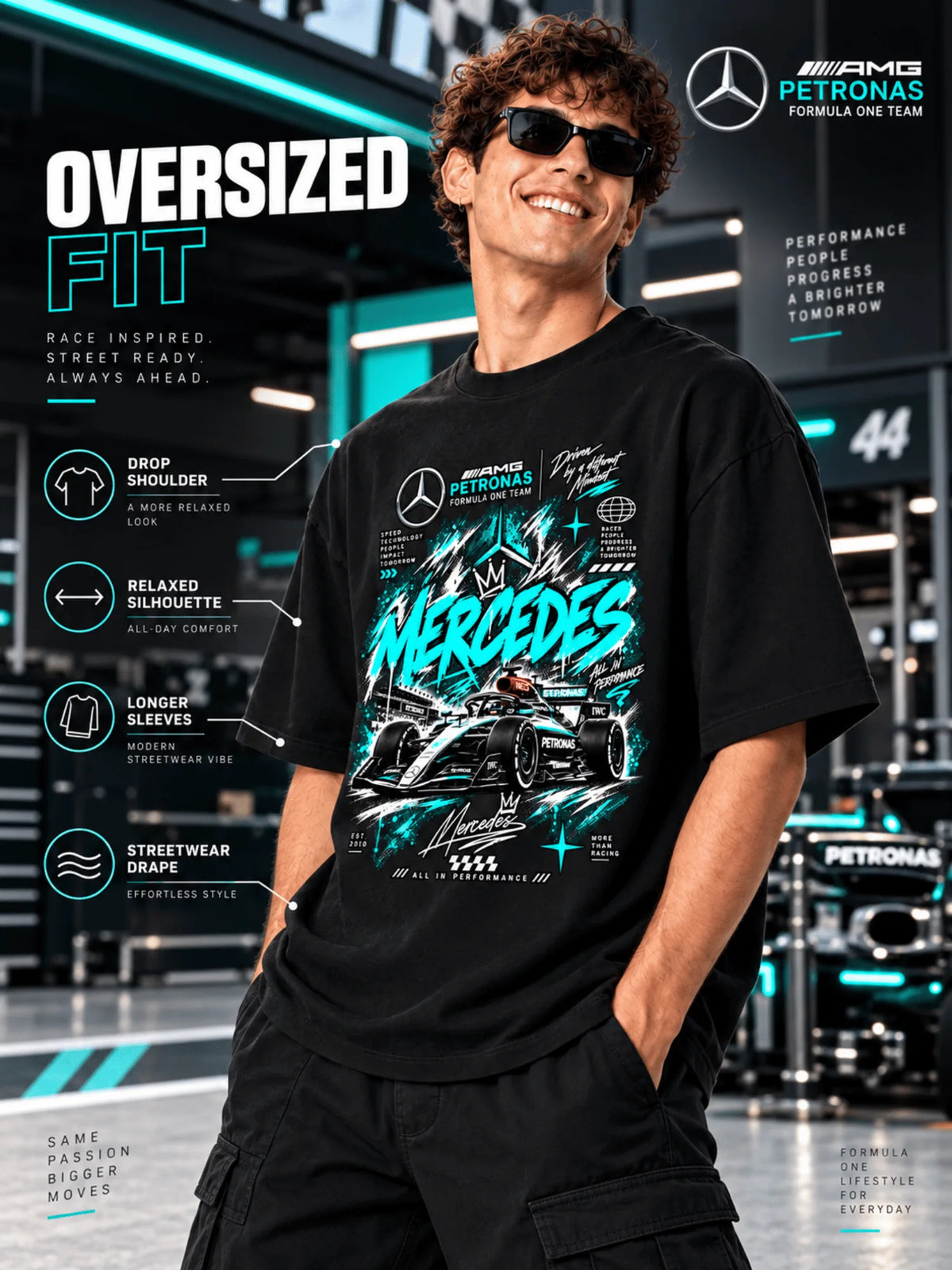 Excello Men's Mercedes-AMG Petronas F1 Graphic Oversized T-Shirt | Black