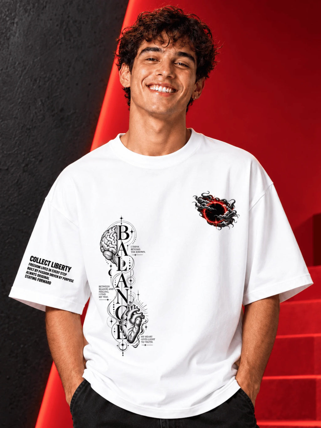 Excello Men's 'Balance' Brain & Heart Graphic Oversized T-Shirt | White