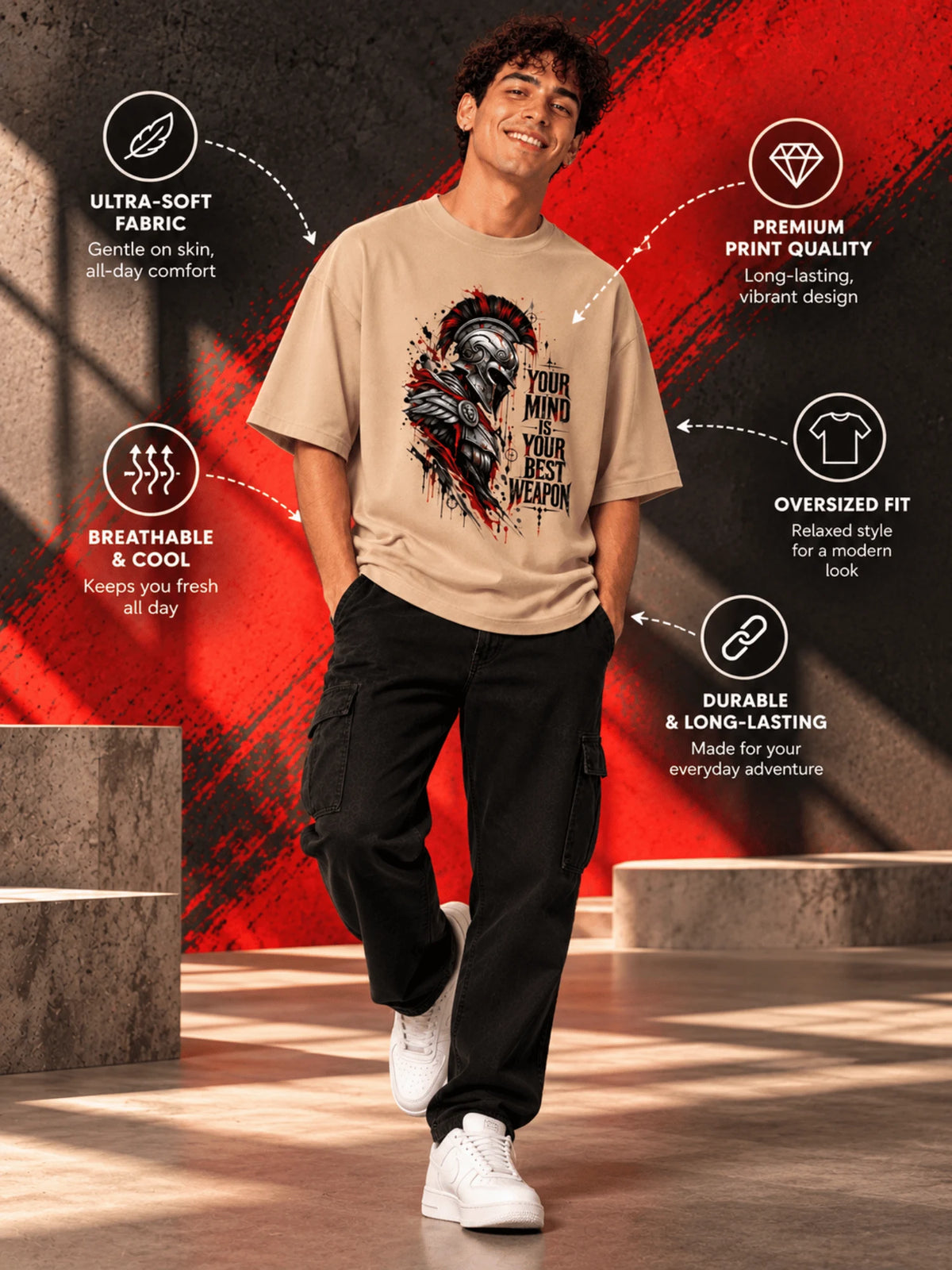 Excello Men's Spartan 'Your Mind Is Your Best Weapon' Graphic Oversized T-Shirt |  Beige