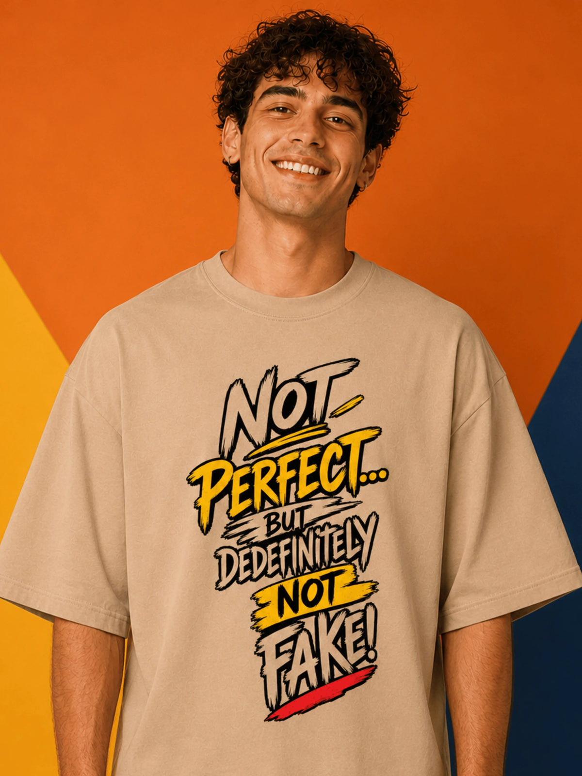 Excello Men's 'Not Perfect Not Fake' Graphic Oversized T-Shirt | Beige
