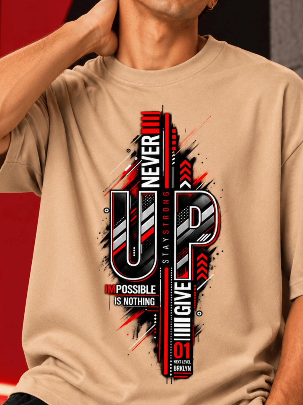 Excello Men's 'Never Give Up' Motivational Graphic Oversized T-Shirt |  Beige