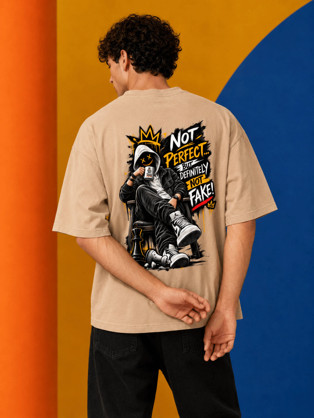 Excello Men's 'Not Perfect Not Fake' Graphic Oversized T-Shirt | Beige