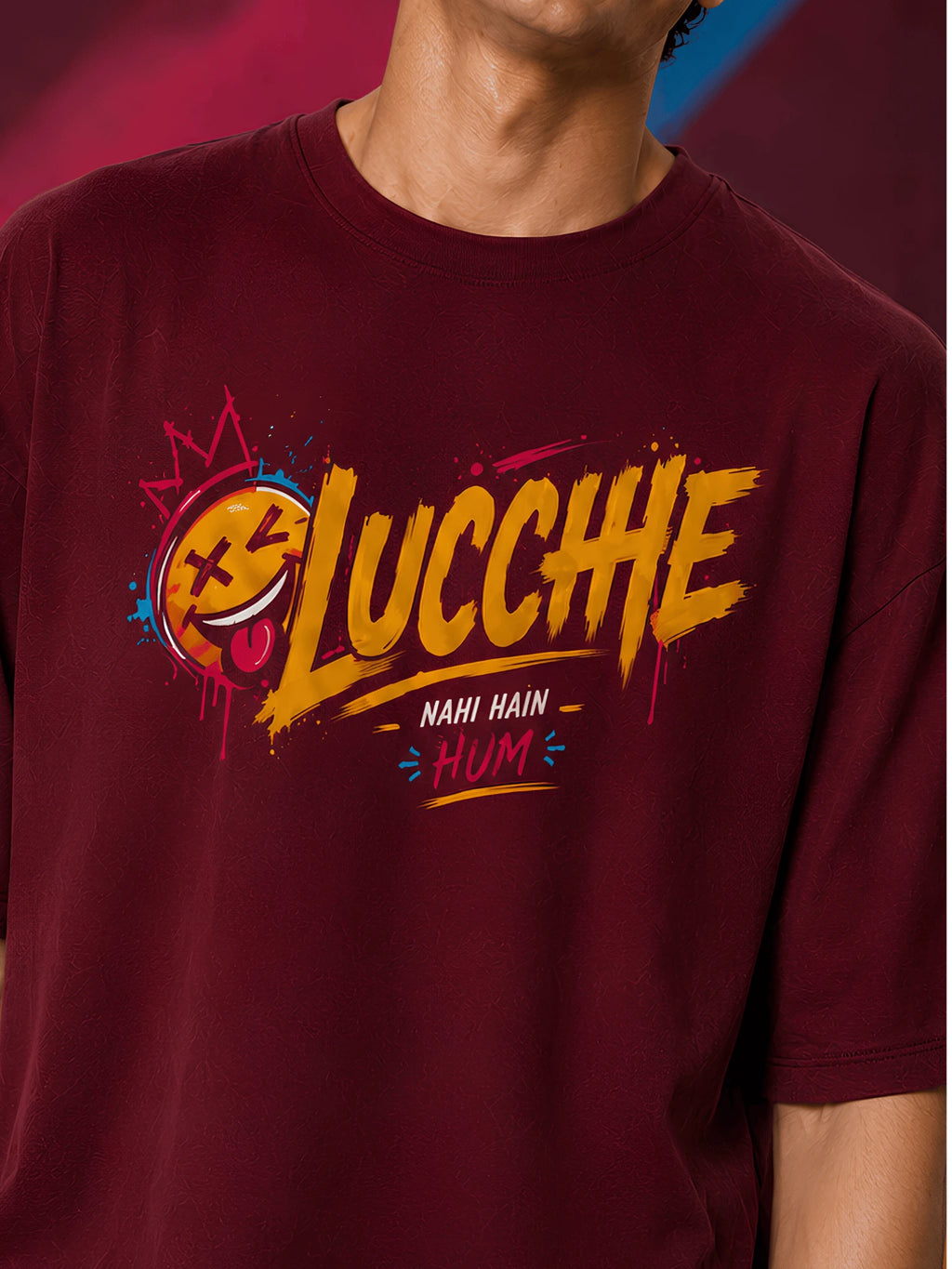 Excello Men's 'Lucchhe Nahi Hain Hum' Graphic Oversized T-Shirt | Maroon
