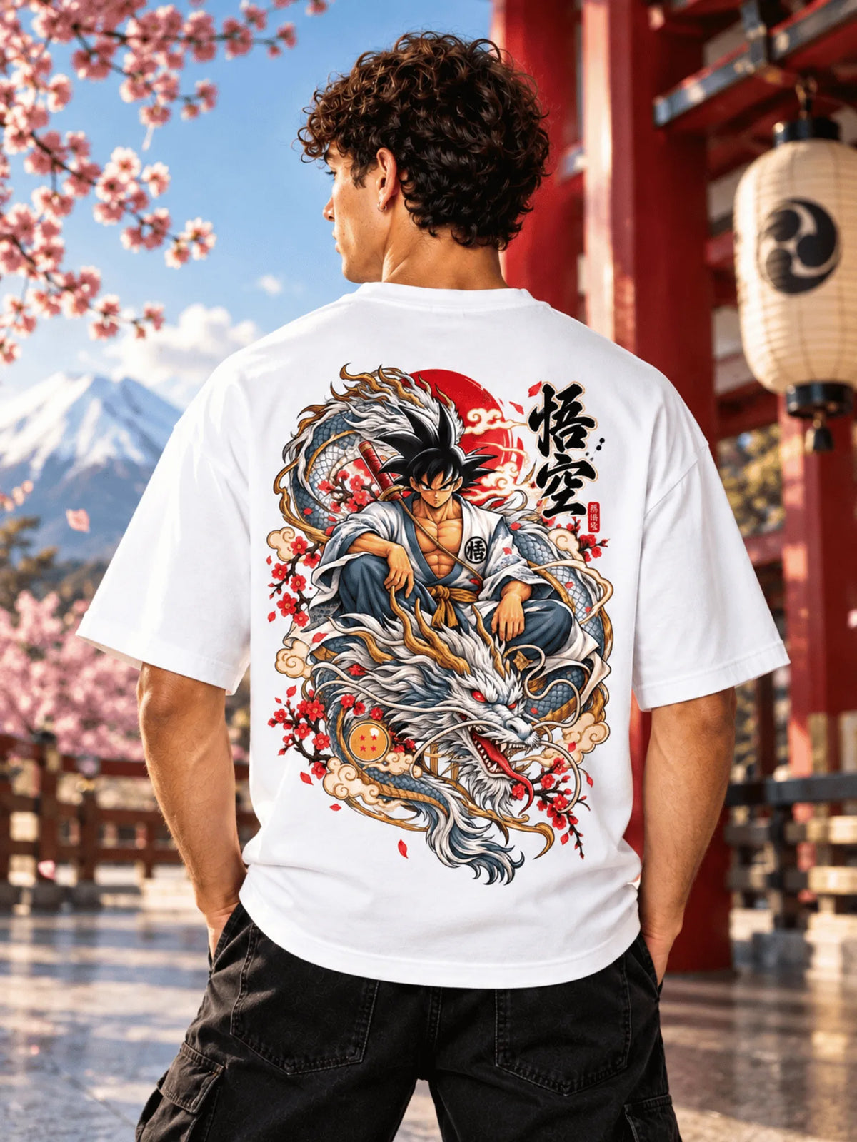 Excello Men's  Anime Dragon Graphic Oversized T-Shirt | White