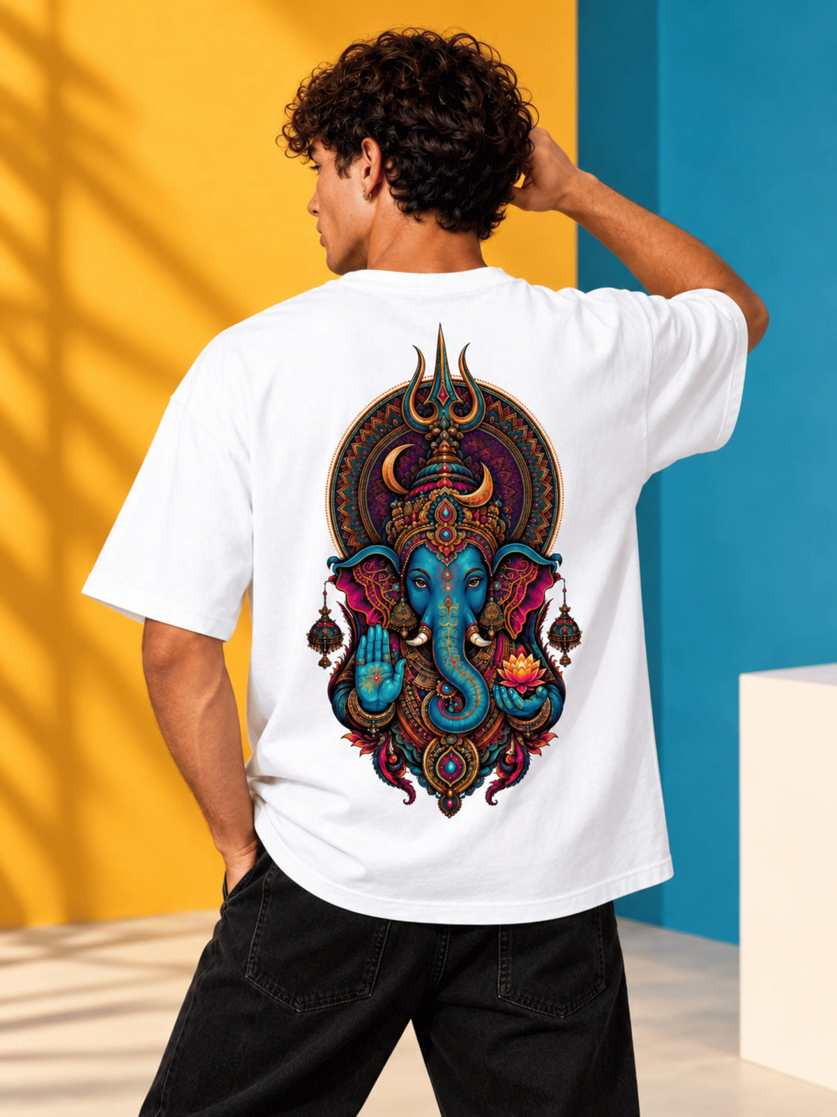 Excello Men's Divine Ganesha Trishul Graphic Oversized T-Shirt - 240 GSM Pure Cotton, Bio-Washed-White