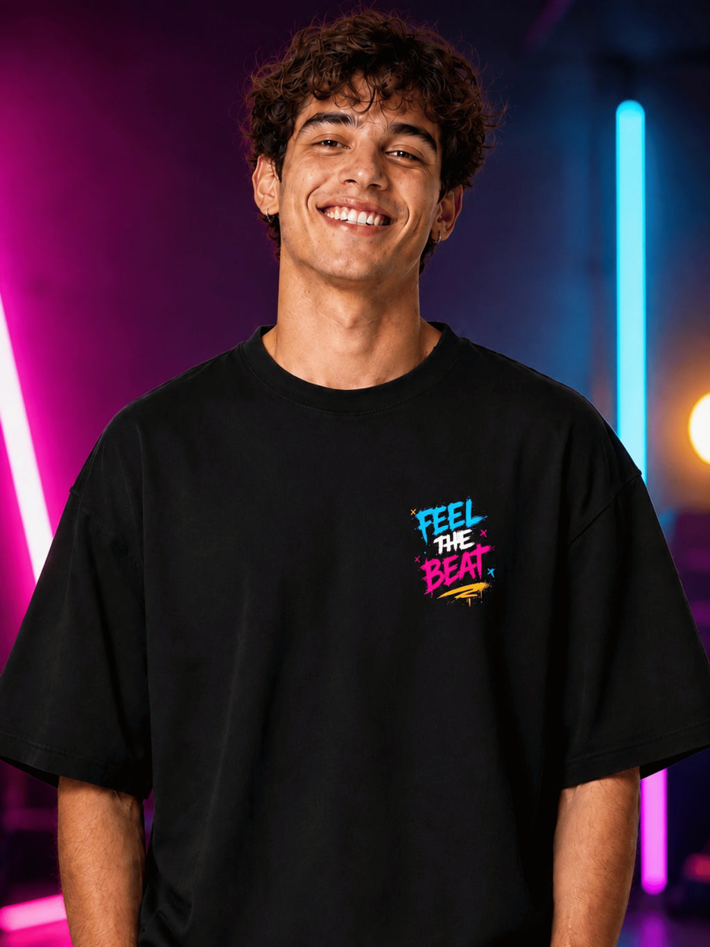 Excello Men's 'High On Music' Neon Graphic Oversized T-Shirt | Black
