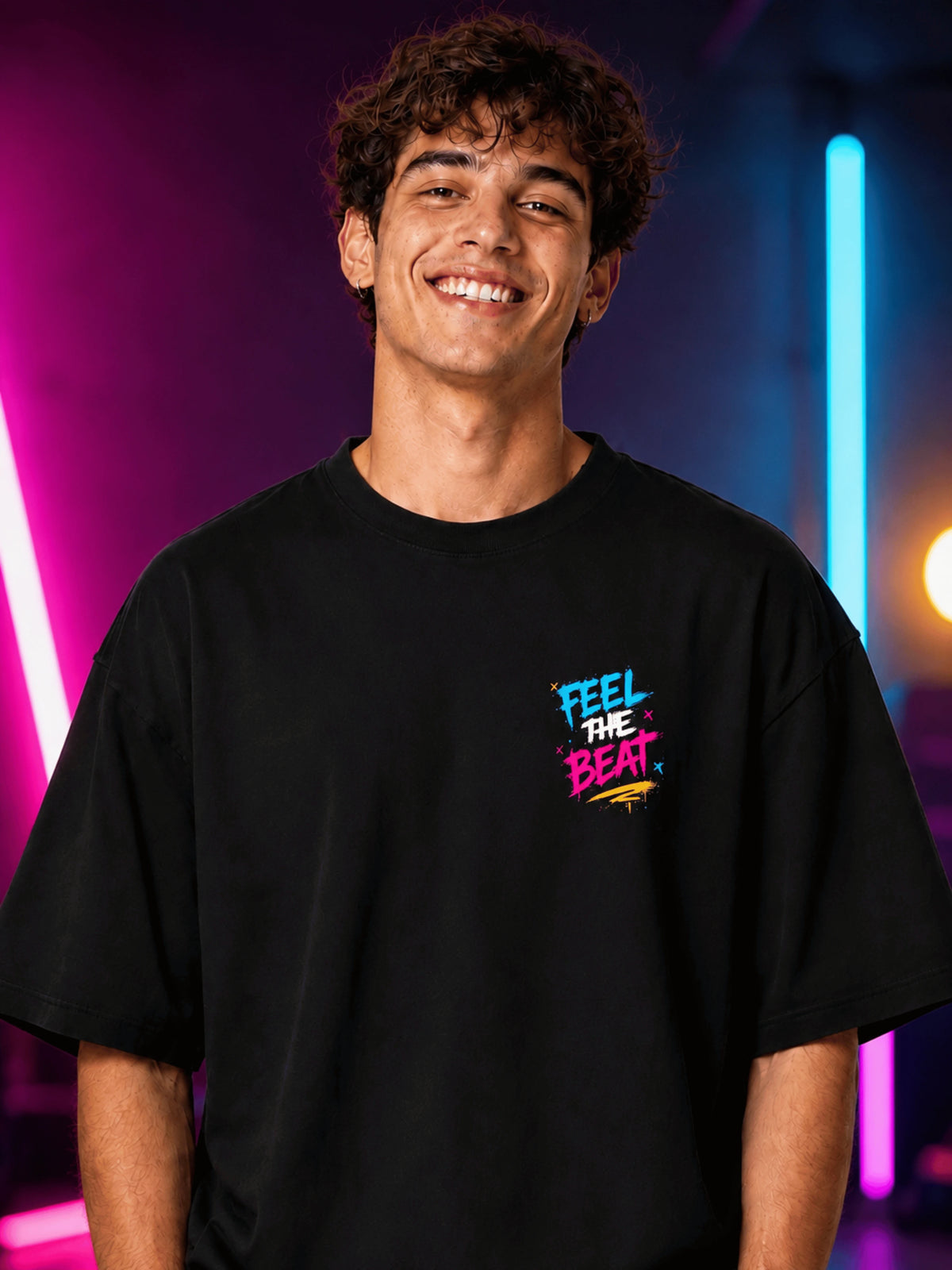 Excello Men's 'High On Music' Neon Graphic Oversized T-Shirt | Black