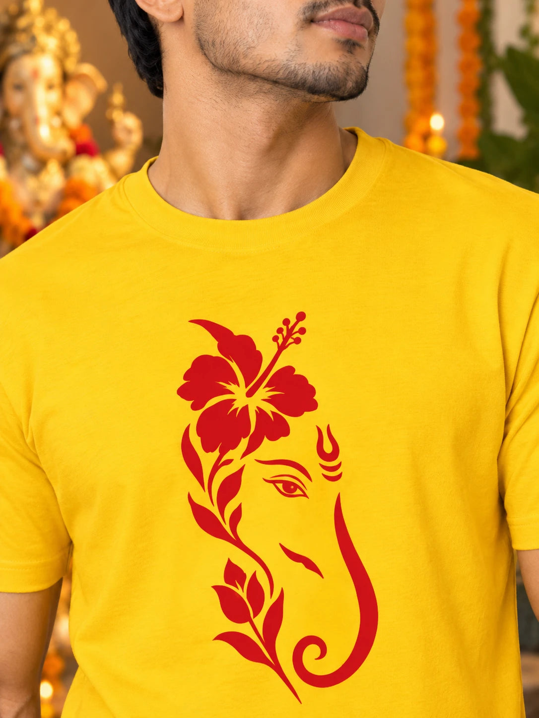 Men's Premium Pure Cotton Ganesha Graphic T-Shirt | 180 GSM Bio-Washed Regular Fit-Yellow