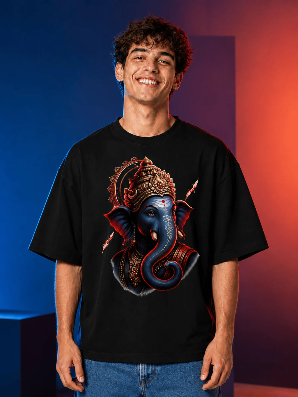 Excello Ganesha Oversized T-Shirt - 240GSM Cotton-Black