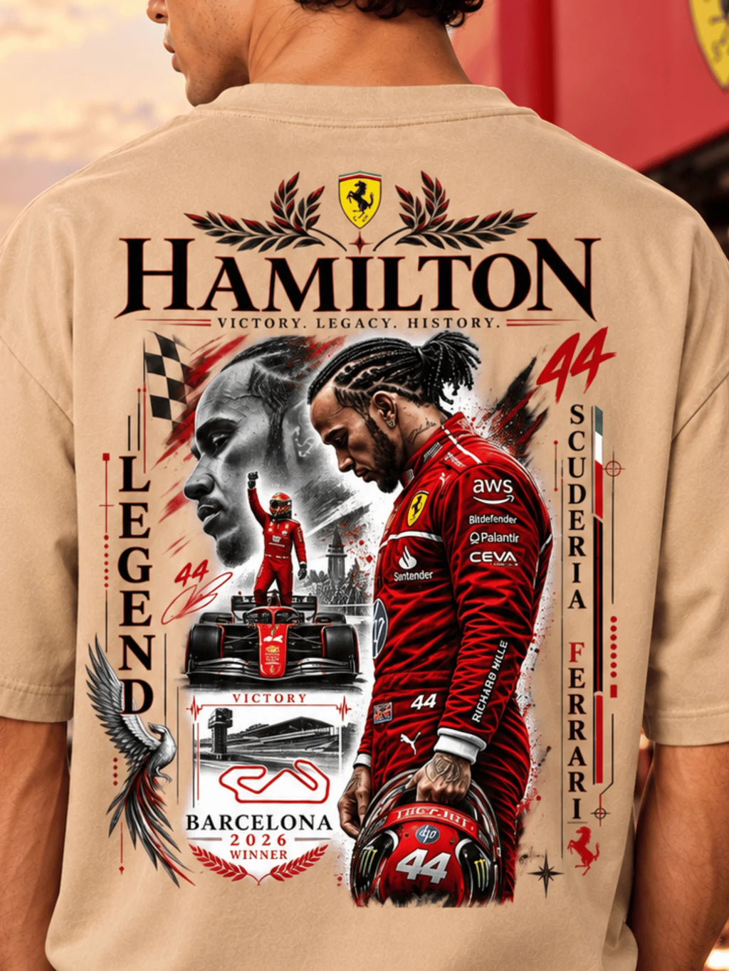 Excello Men's Hamilton Legend Racing Graphic Oversized T-Shirt | Beige
