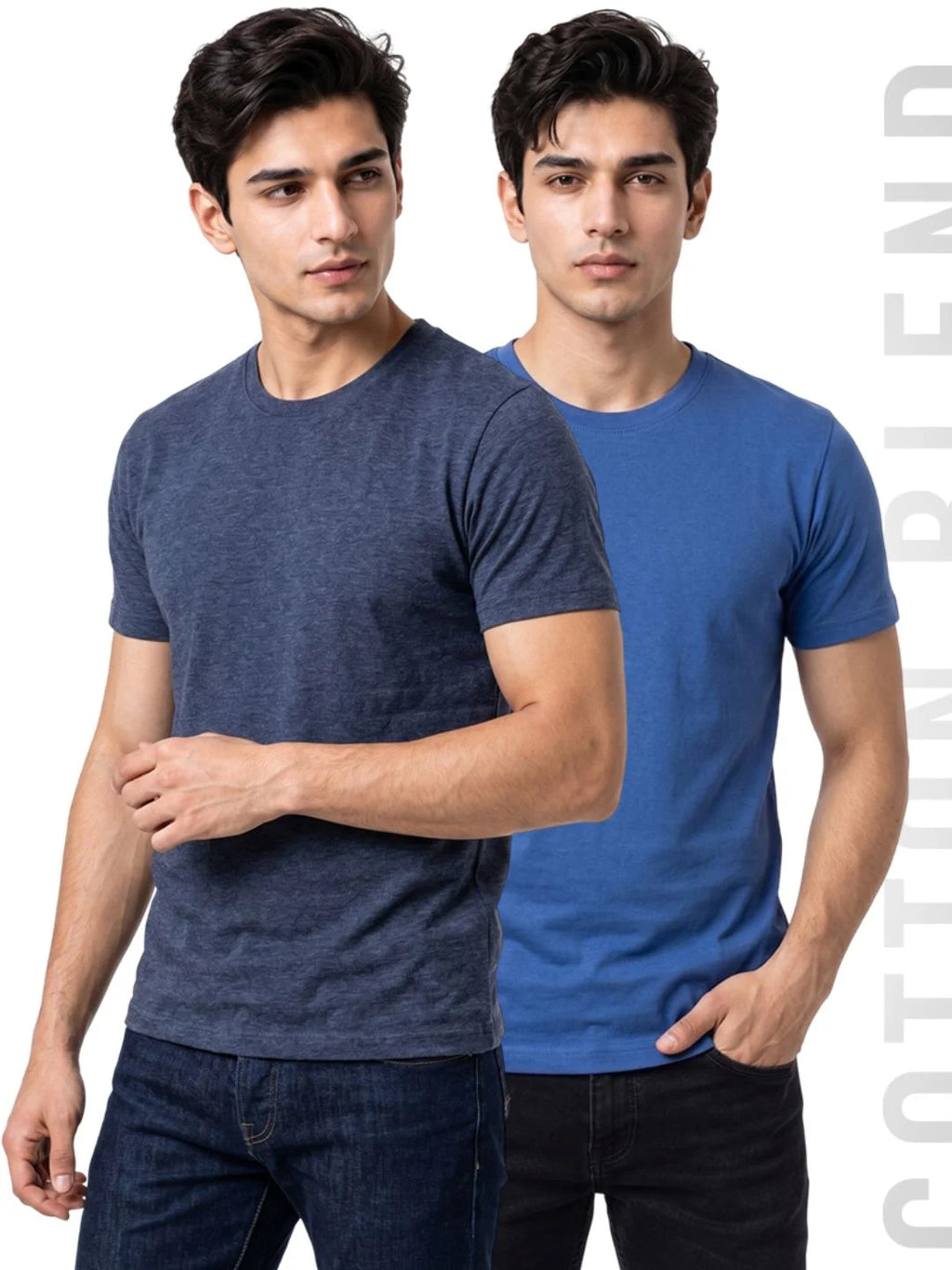 Excello Men's Cotton Blend Bio-Wash Plain  Regular Fit Round Neck T-Shirt  | Navy & Royal