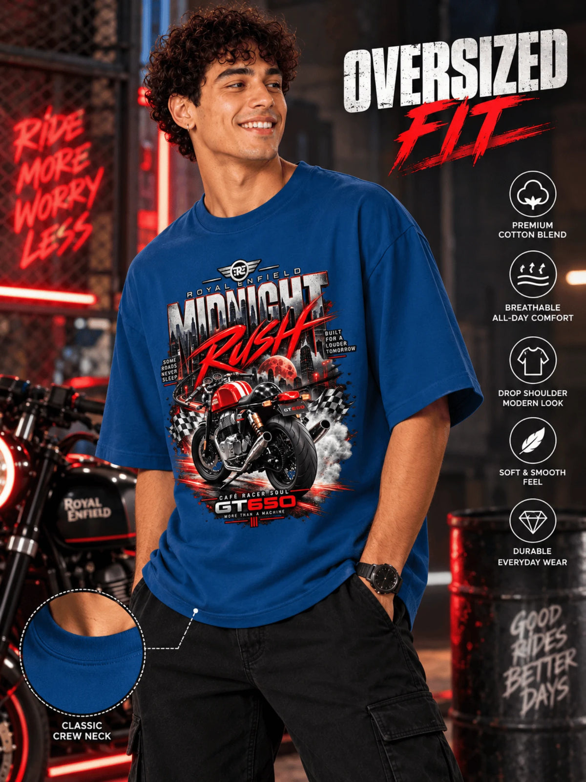 Excello Men's Royal Enfield GT 650 'Midnight Rush' Graphic Oversized T-Shirt | Air Force Blue