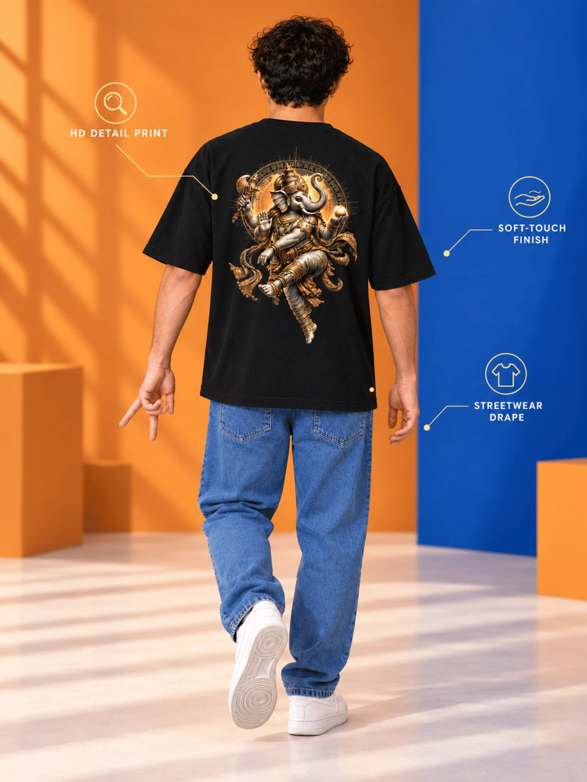 Excello Men's Dynamic Dancing Ganesha Graphic Oversized T-Shirt - 240 GSM Pure Cotton, Bio-Washed | Black