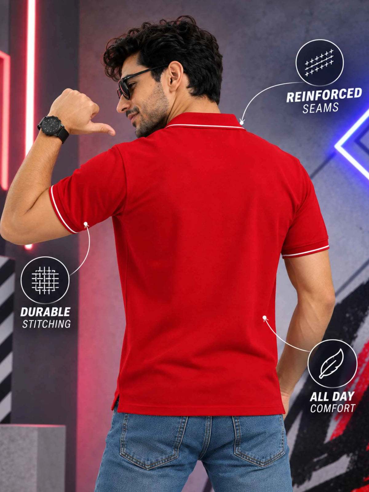 Premium 270 GSM Pure Cotton Biowash Tipping Polo T-Shirt - Heavyweight & Breathable | Red