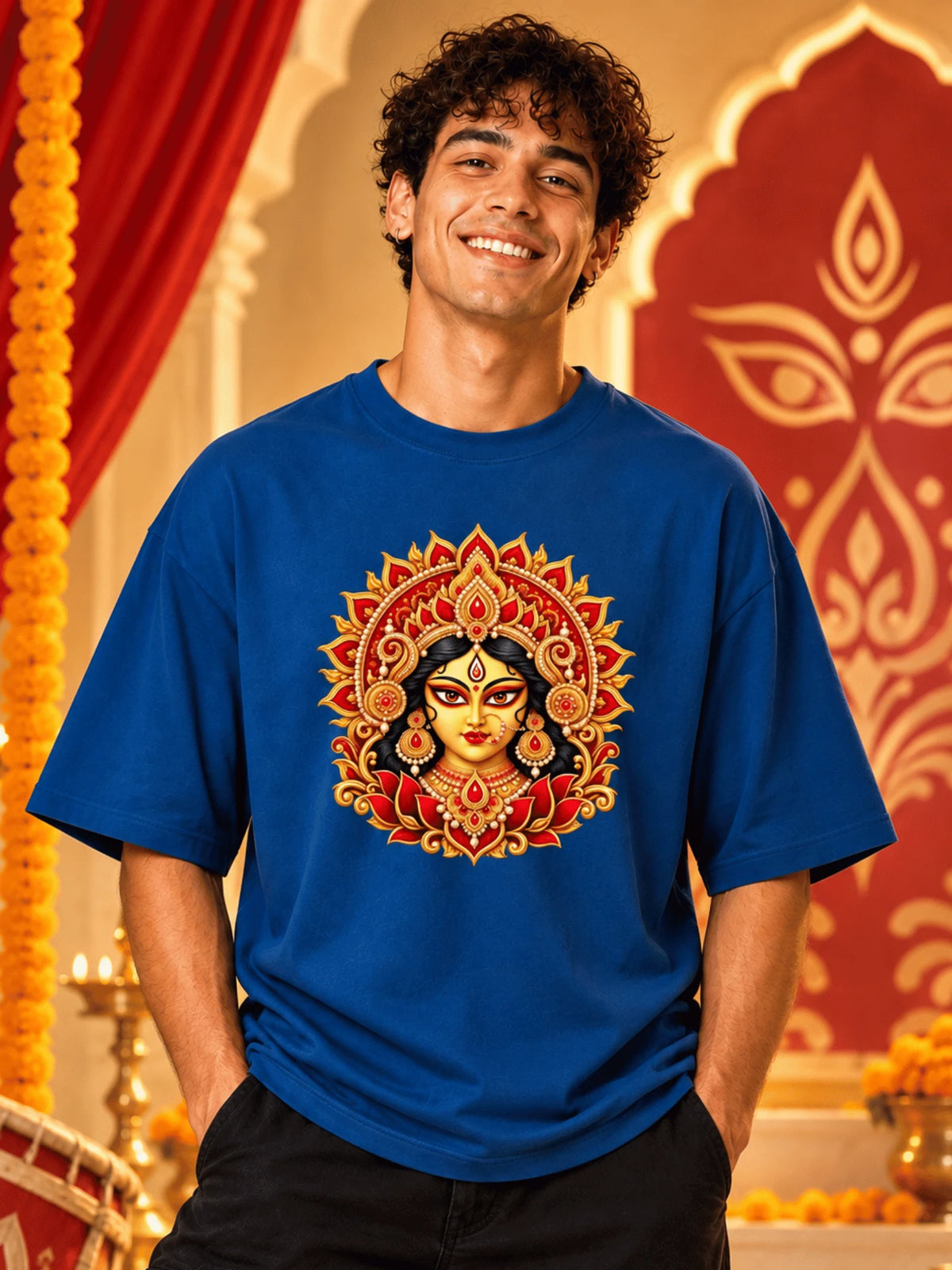 Excello Men's Divine Maa Durga Portrait Graphic Oversized T-Shirt | Air Force Blue