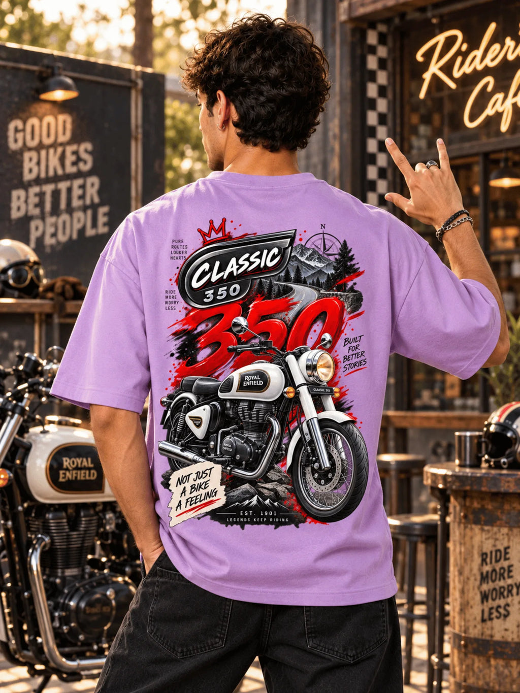 Excello Men's Royal Enfield Classic 350 Graphic Oversized T-Shirt | Lavender